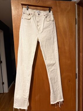 Re/Done Cream Straight Leg Jeans with Raw Hem. Inside leg slit.